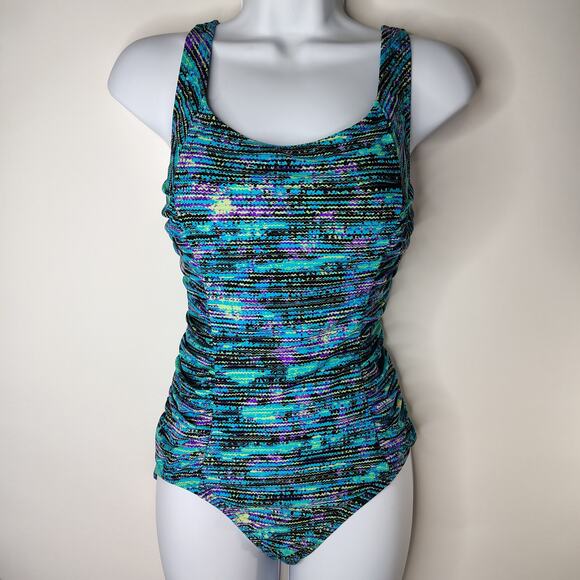 Speedo Swim Bathing Suit Women's 8 Blue Teal Purple Vacation‎ Beach Lake Sporty - Picture 1 of 12